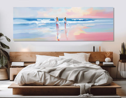 Surfer Girls Canvas Print – Large Pink Sunset Beach Canvas Decor | Ready to Hang