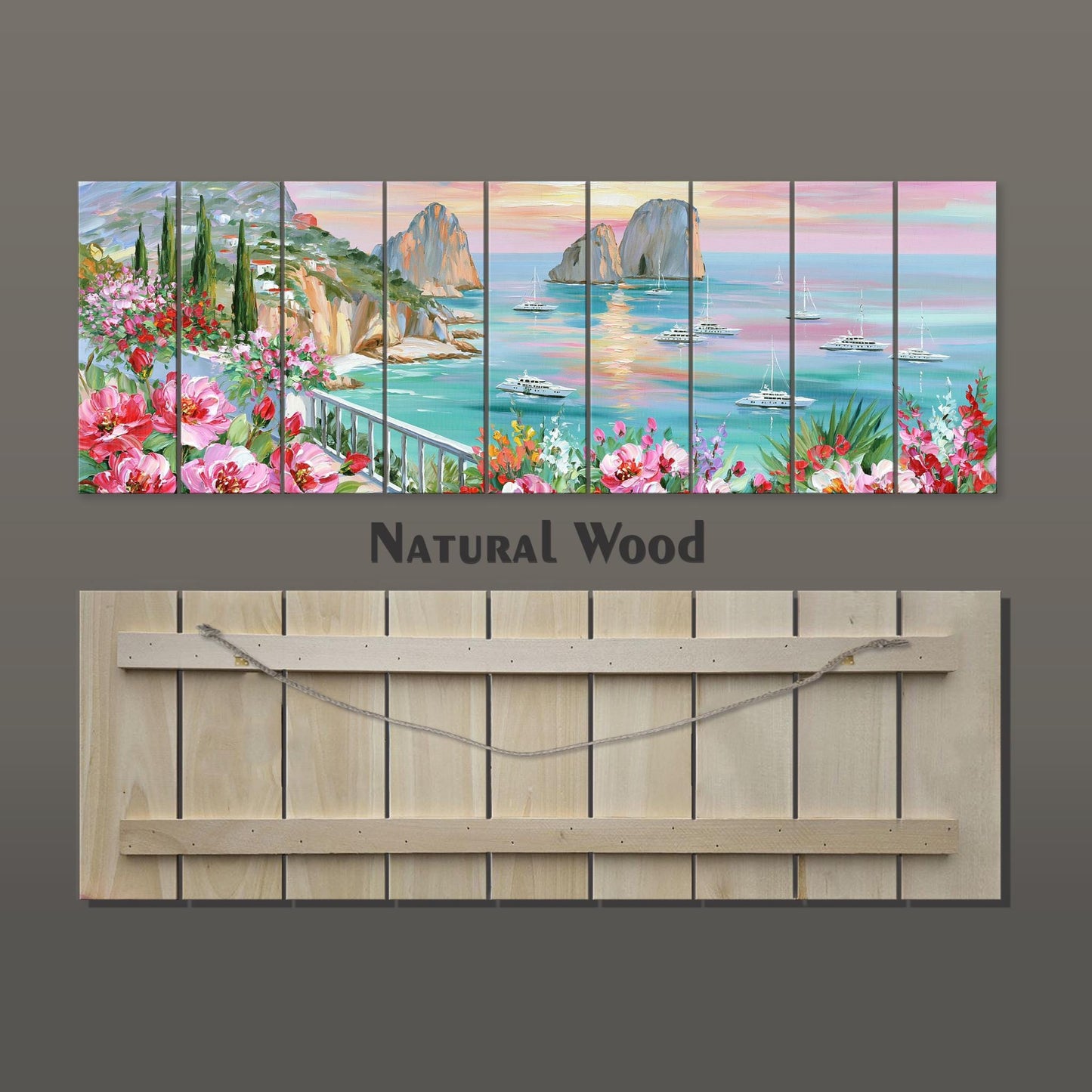 The image is a collage of multiple images depicting a scenic coastal landscape with a rocky shore, a body of water, and boats. The collage is made up of nine separate panels, each showcasing a different aspect of the picturesque scene. The text "NATURAL WOOD" is visible, likely indicating the material or theme of the artwork.