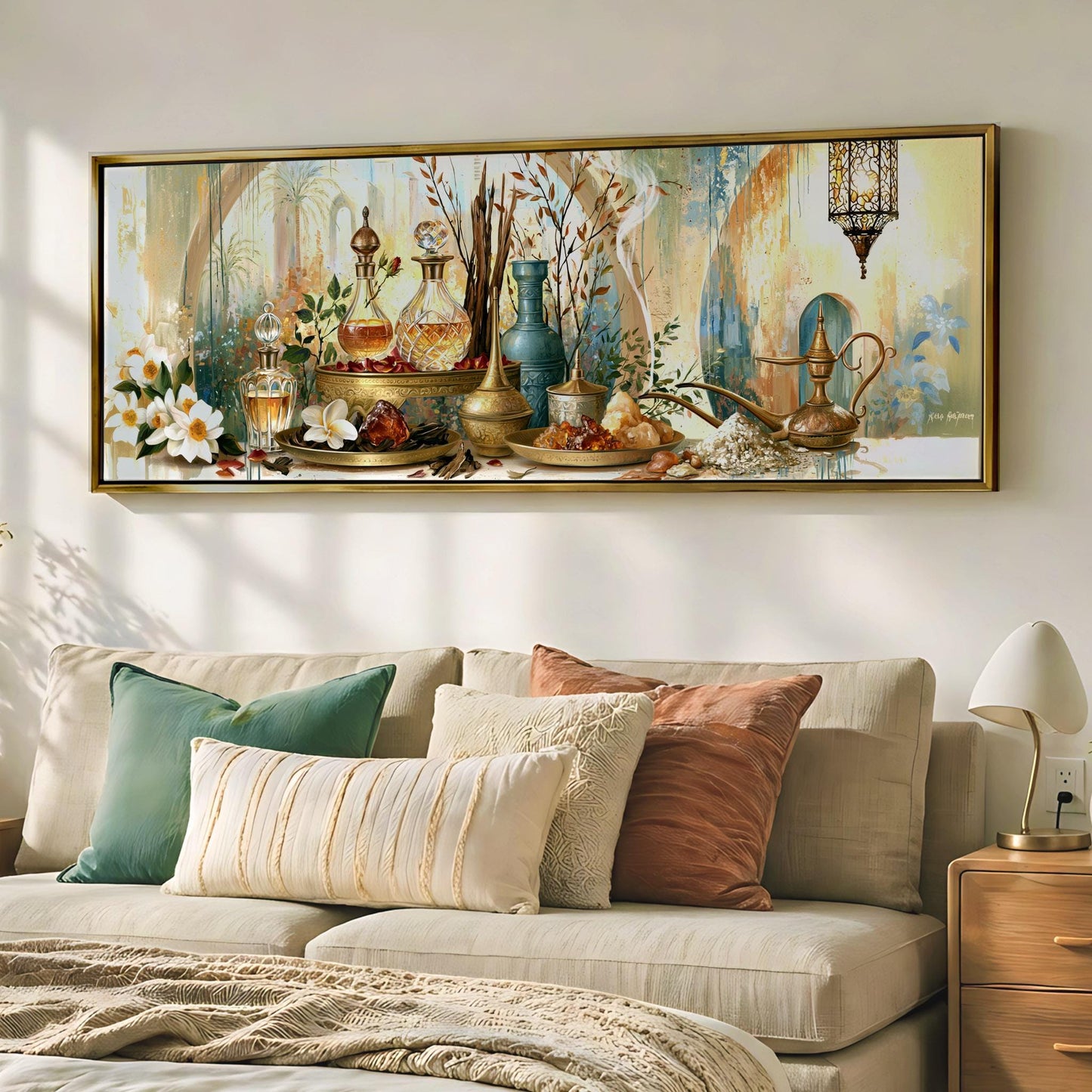 a large painting of various decorative items, including vases, bottles, and other ornamental objects, displayed on a wall above a couch with pillows.