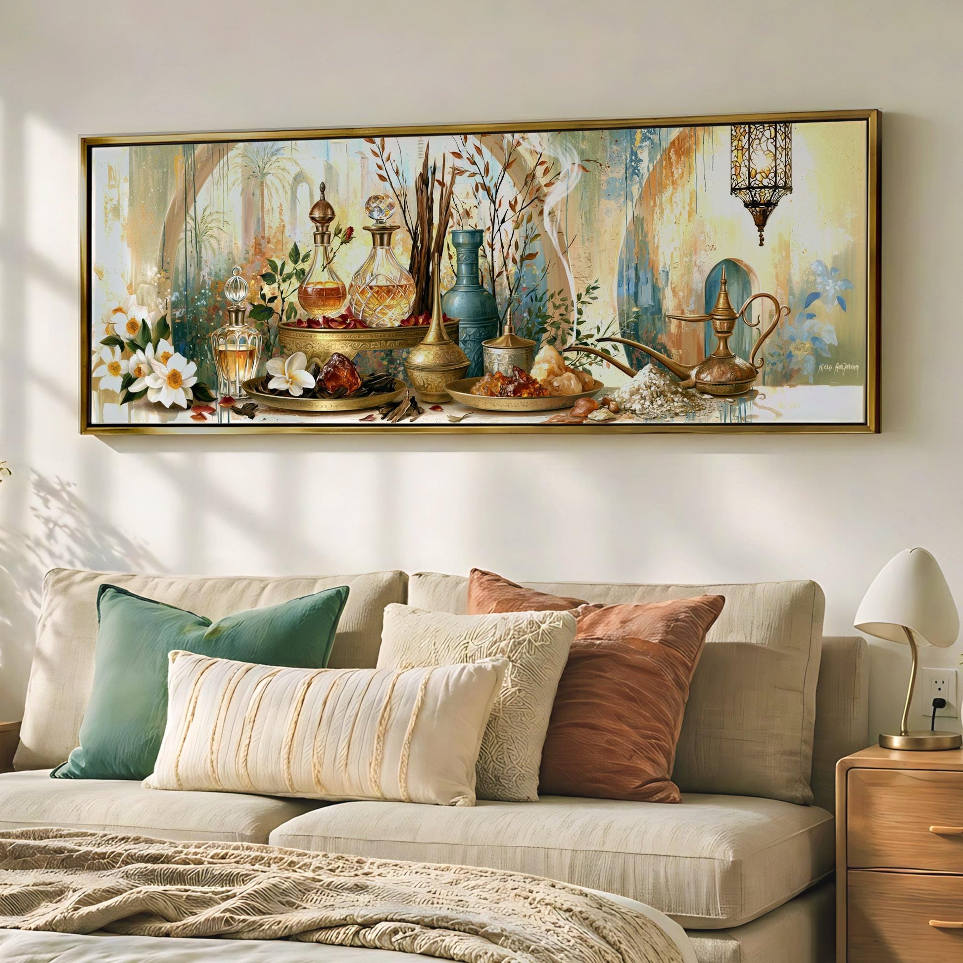 a large painting of various decorative items, including vases, bottles, and other ornamental objects, displayed on a wall above a couch with pillows.