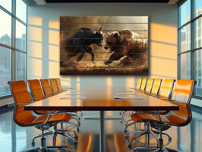 Rustic Wood Wall Art – Bull and Bear Art on UV Printed Wood for Trader Office Decor