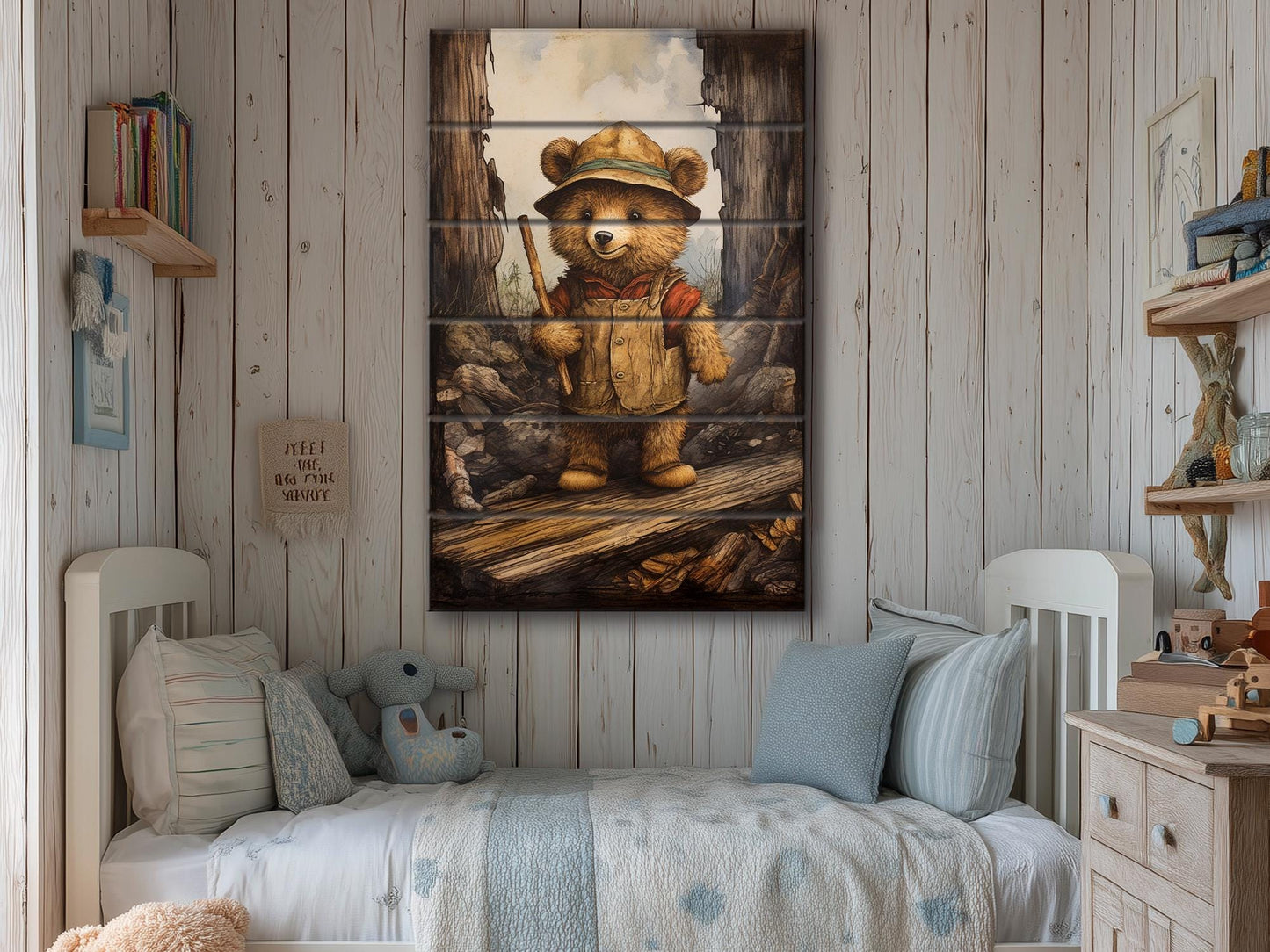 Rustic Hiking Bear Print on Natural Wood – Nursery Animal Wall Art