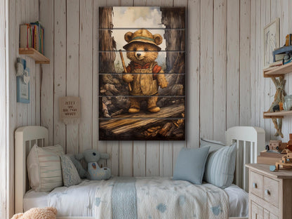 Rustic Hiking Bear Print on Natural Wood – Nursery Animal Wall Art