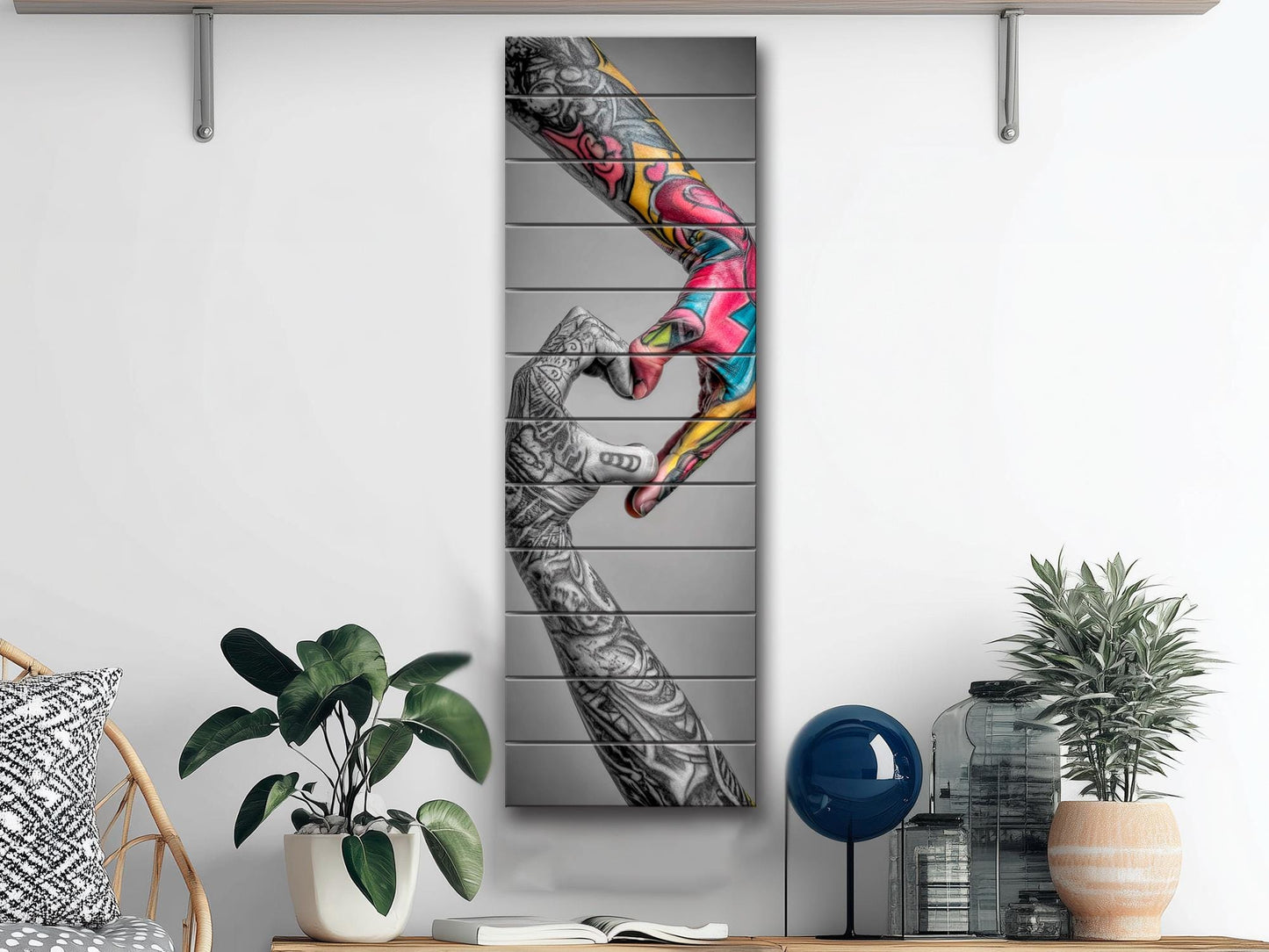 Tattooed Hands Print – Modern Love Art on Wood | Unique Tattoo Wall Decor