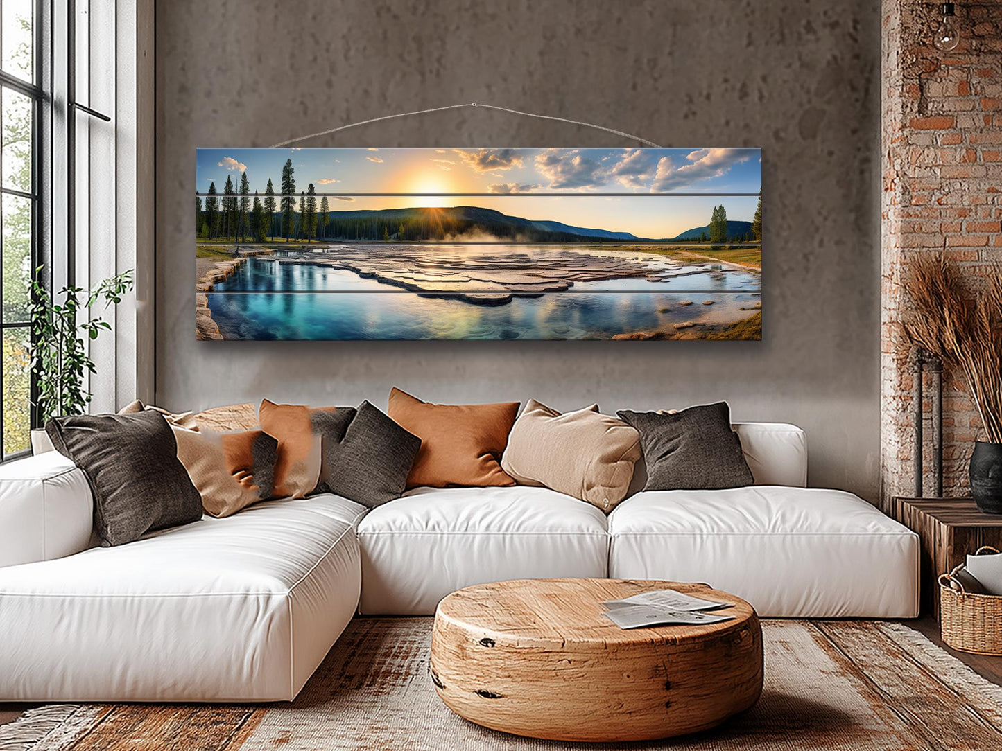 Yellowstone Wood Wall Art – Rustic Scenic Wood Painting with Natural Grain
