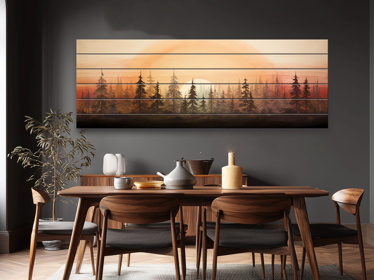 Retro Forest Print on Natural Wood – Vintage Nature Wall Art
