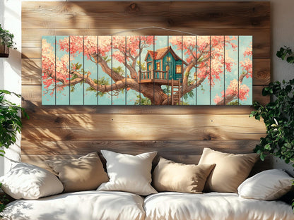 Wood Wall Art – Whimsical Treehouse Painting on Natural Wood Print | Rustic Cabin Decor