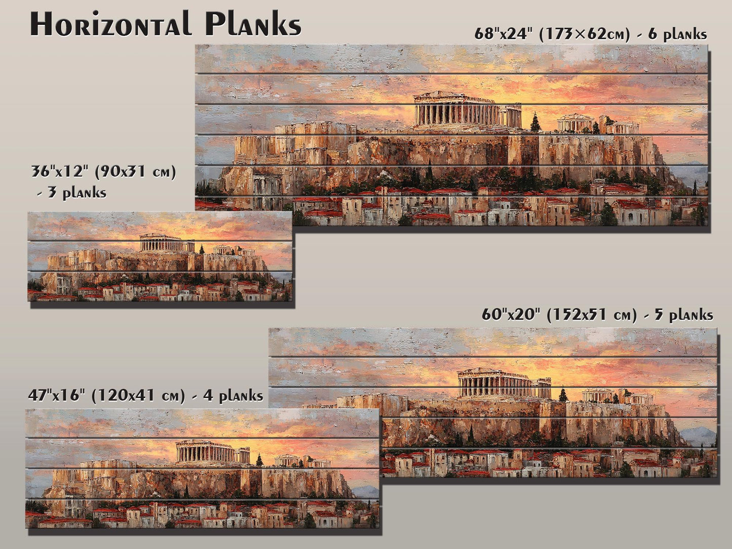 Athens Wood Print – Rustic Wall Art with Acropolis Sunset on Distressed Wood