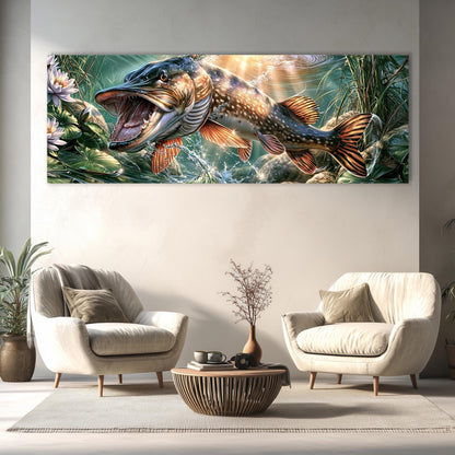 a large, colorful painting of a fish swimming in a lush, green underwater environment. The painting is displayed on a wall above a living room setting with two white armchairs and a coffee table.