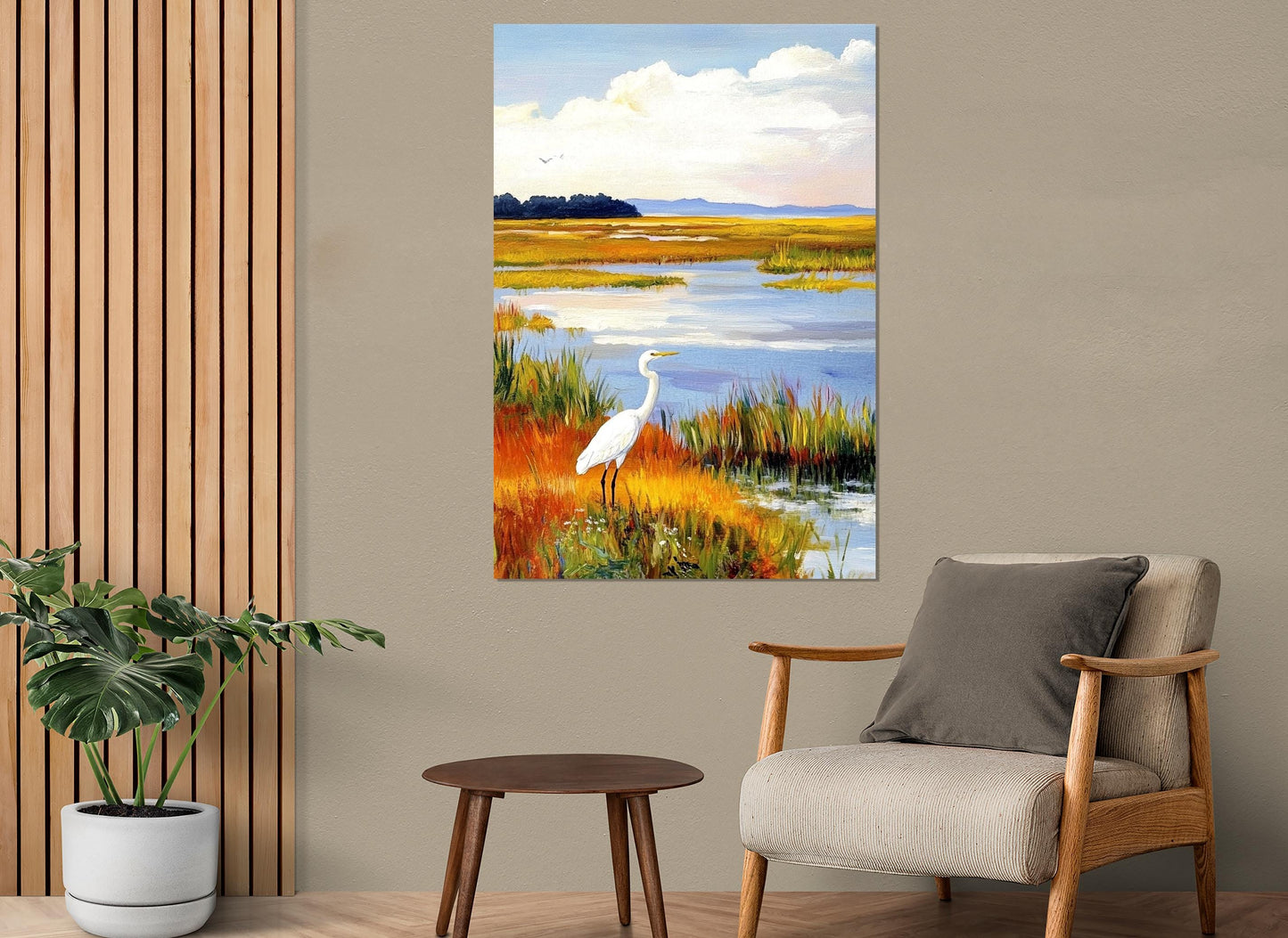 White Heron Canvas Print – Rustic Landscape Poster | Framed Cotton Canvas Art