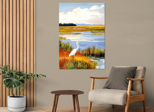 White Heron Canvas Print – Rustic Landscape Poster | Framed Cotton Canvas Art