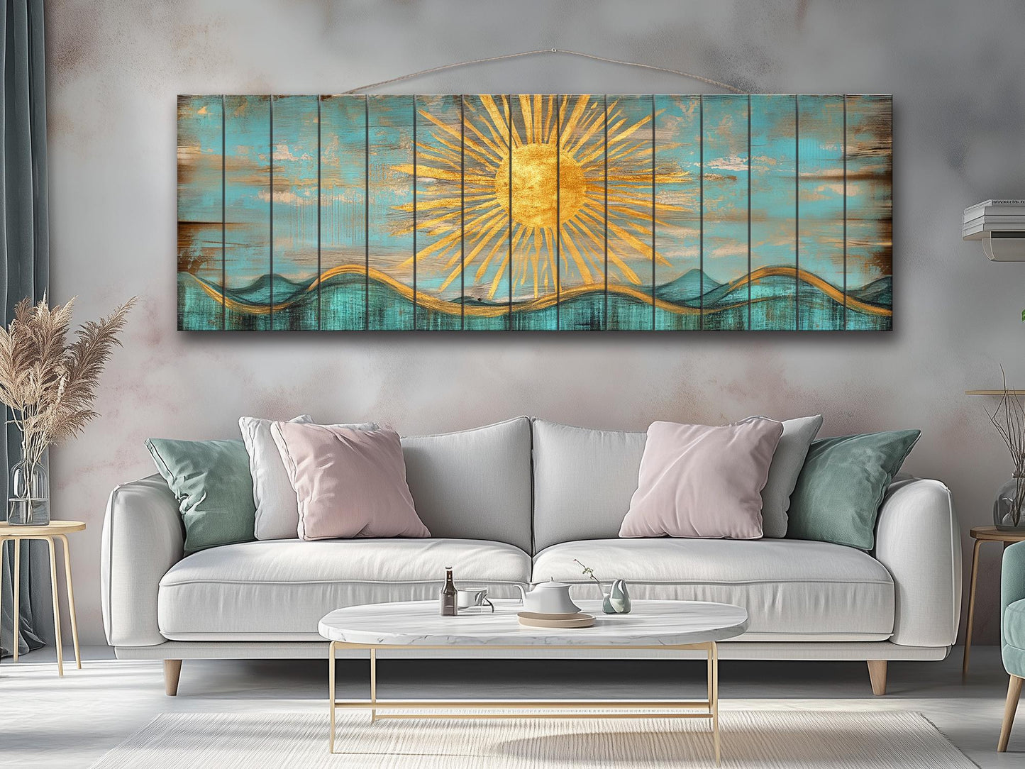 Abstract Golden Sun Over Turquoise Waves Print on Natural Wood, Boho Sunrise Print, Rustic Sun Painting, Boho Wall Decor, Wood in Interior