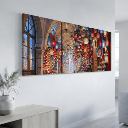 The image is a large, colorful painting depicting a vibrant and lively scene of lanterns hanging from the ceiling of a building, creating a festive atmosphere.