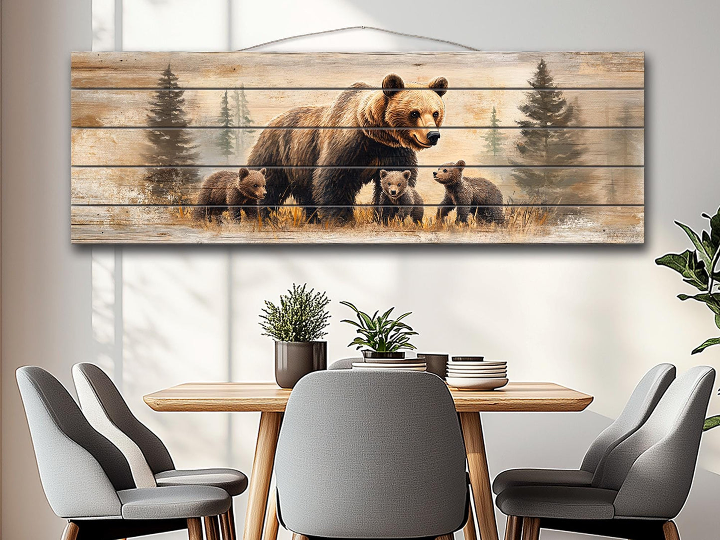 Rustic Wood Wall Art | Bear Family Artwork on Natural Wood - Cozy Rustic Cabin Decor