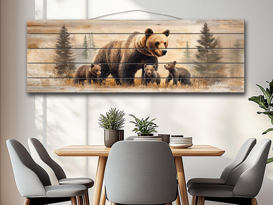 Rustic Wood Wall Art | Bear Family Artwork on Natural Wood - Cozy Rustic Cabin Decor