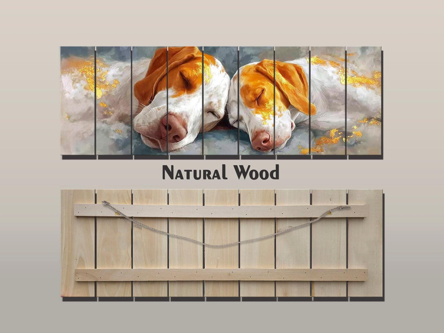 Sleeping Hounds Print on Natural Wood, Romantic Bedroom Decor, Rustic Pet Wall Art