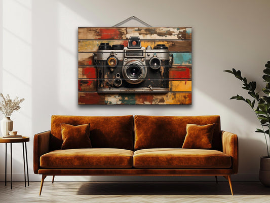 Retro Camera Artwork – Vintage Camera Decor on Aged Wood Print | Rustic Photography Art