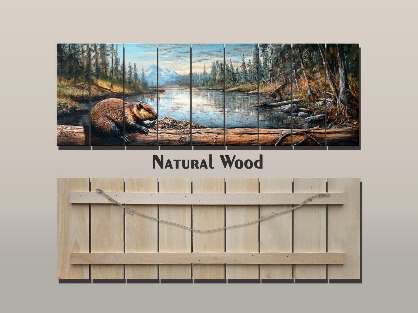 Rustic Beaver Building a Dam in Forest Print on Natural Wood, Rustic Forest Wall Art, Forest Landscape Painting, Wood Print, Wood Wall Art