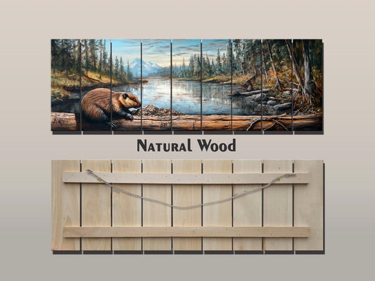 Rustic Beaver Building a Dam in Forest Print on Natural Wood, Rustic Forest Wall Art, Forest Landscape Painting, Wood Print, Wood Wall Art