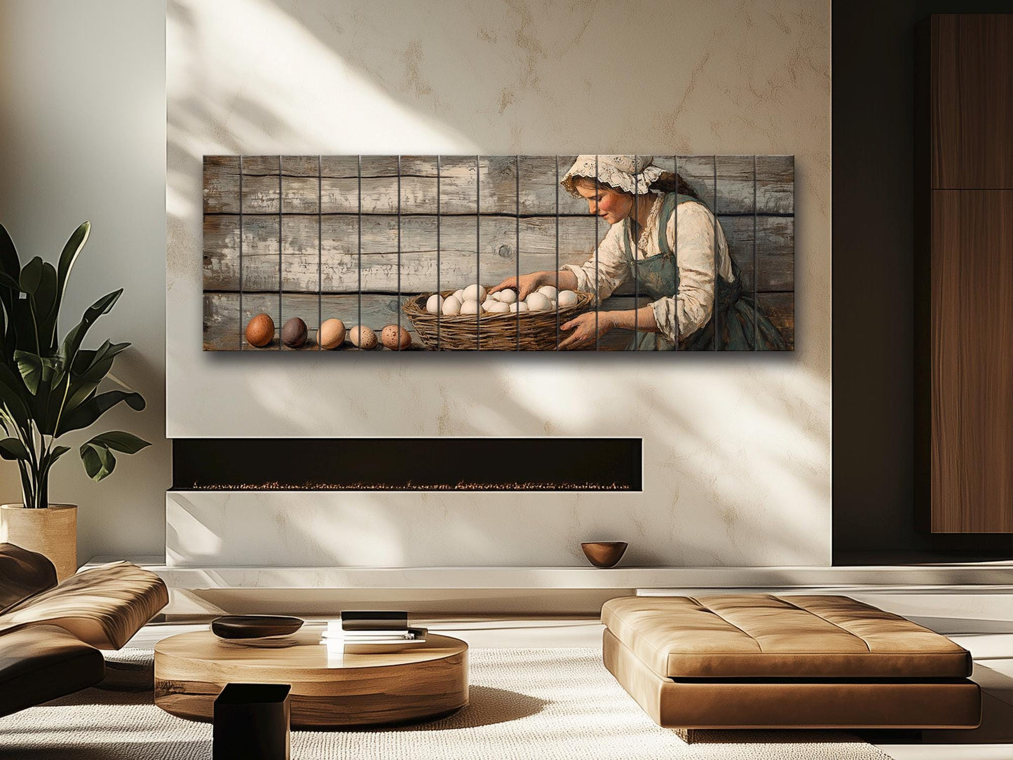 Rustic Wood Wall Art – Woman Collecting Eggs Print on Natural Wood Plank