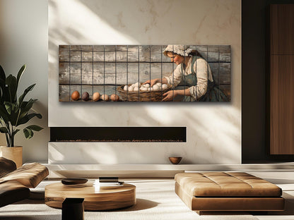 Rustic Wood Wall Art – Woman Collecting Eggs Print on Natural Wood Plank