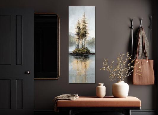 Rustic Island Canvas - Tonal Landscape Art With Misty Forest & Calm Water Reflections