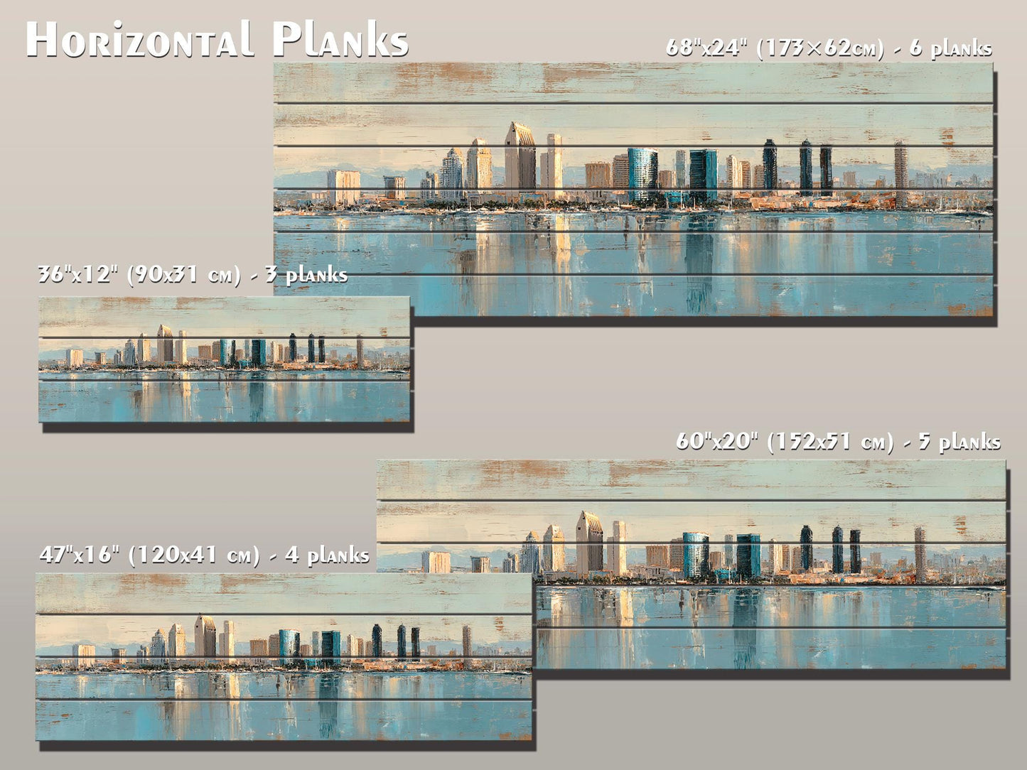 San Diego Skyline Wood Print – Rustic Wood Art | Beige Blue Wall Art, Harbor Oil Painting
