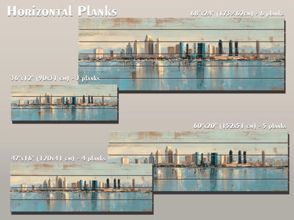 San Diego Skyline Wood Print – Rustic Wood Art | Beige Blue Wall Art, Harbor Oil Painting