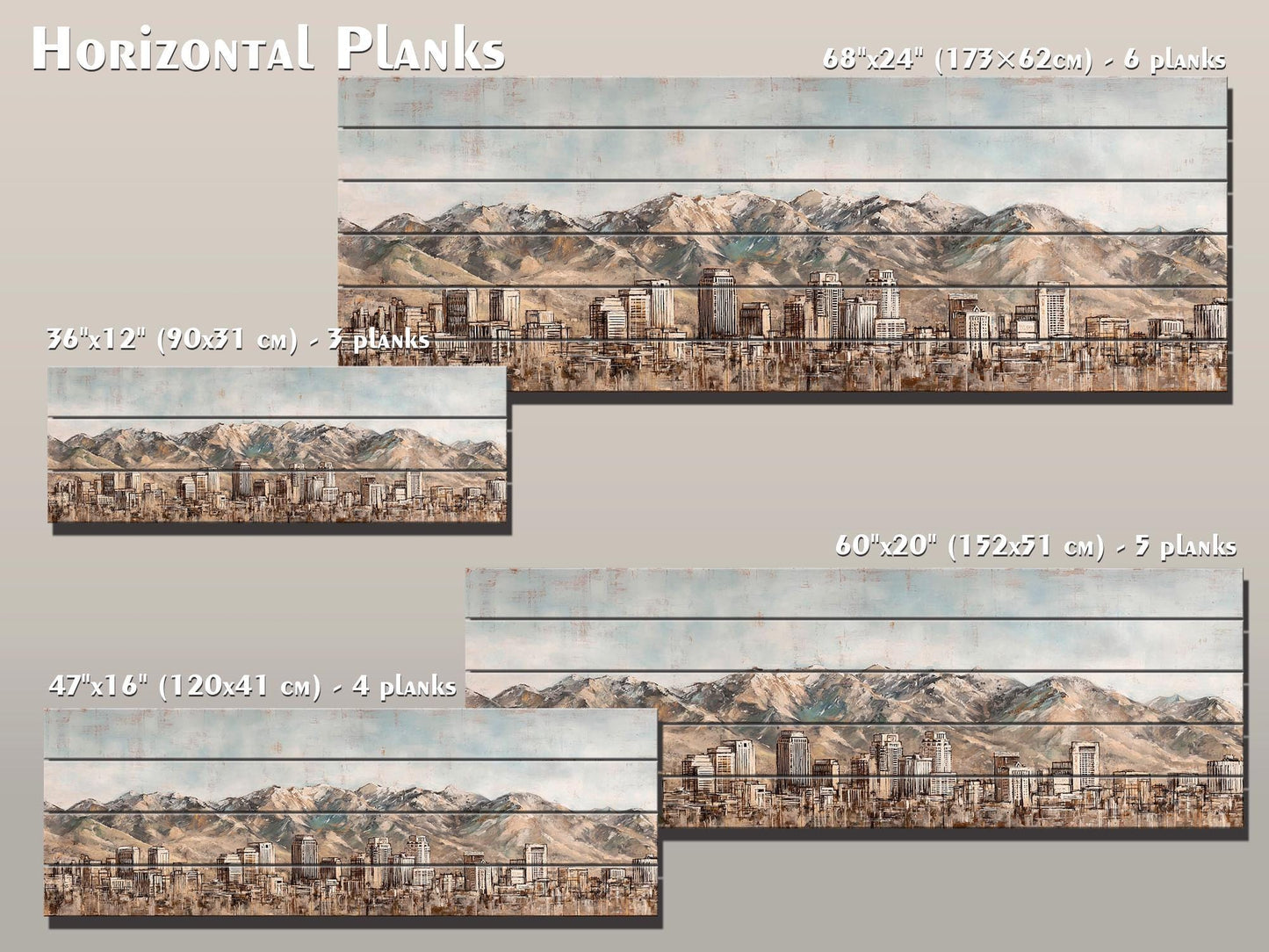 Salt Lake City Wood Print – Rustic Wall Art | Mountain Panoramic Painting On Distressed Wood