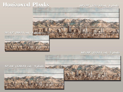 Salt Lake City Wood Print – Rustic Wall Art | Mountain Panoramic Painting On Distressed Wood