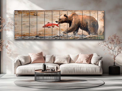 Rustic Wood Wall Art – Grizzly Bear Print on Linden Wood Planks | Natural Wildlife Decor