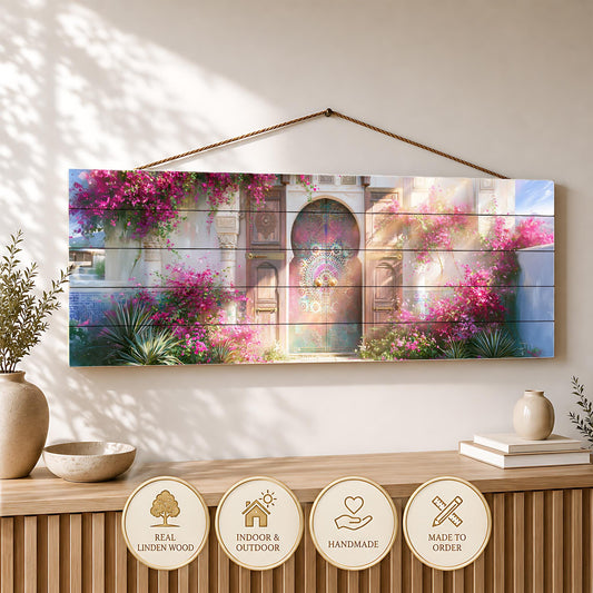 a wooden shelf with decorative items, including a vase, a bowl, and a stack of books. Above the shelf, there is a large wooden panel with a colorful floral scene hanging on the wall.