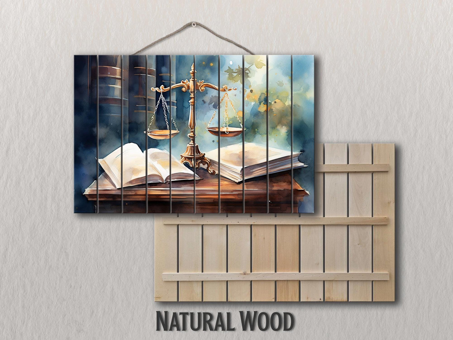 Justice Scales Wall Art – Rustic Wooden Decor with Natural Wood Painting for Lawyer Office