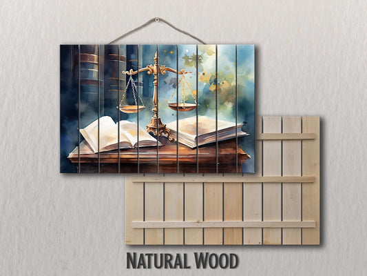 Justice Scales Wall Art – Rustic Wooden Decor with Natural Wood Painting for Lawyer Office