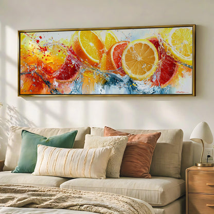 a large, colorful painting of oranges and lemons hanging on a wall above a bed with pillows.