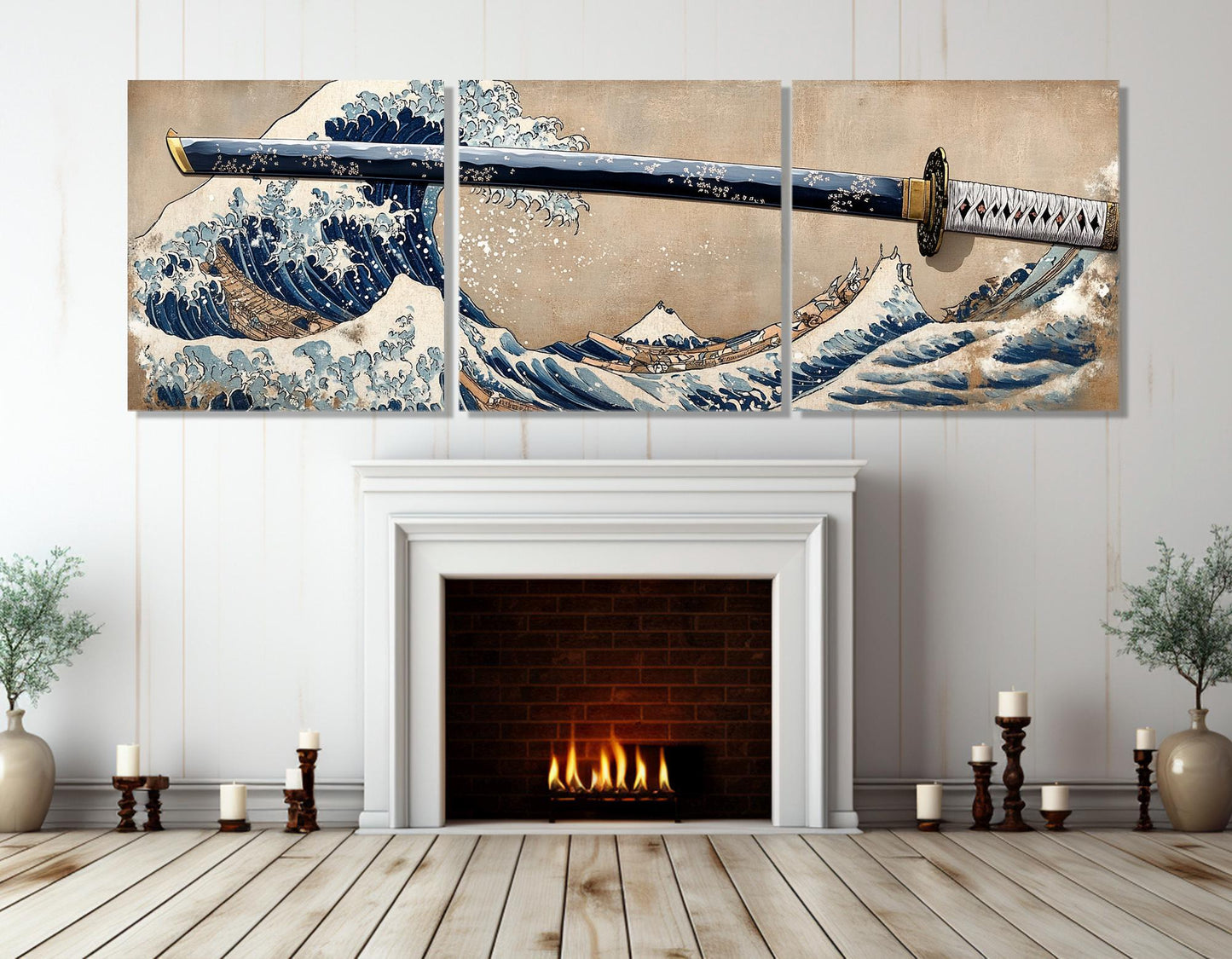 Japanese Wall Art - The Great Wave Off Kanagawa & Samurai Sword Framed Canvas Print