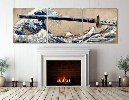 Japanese Wall Art - The Great Wave Off Kanagawa & Samurai Sword Framed Canvas Print