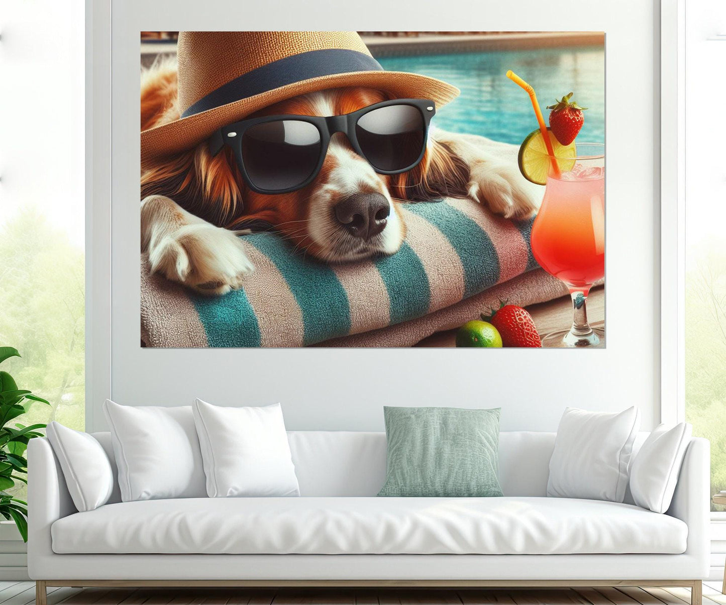 Dog Wall Art - Funny Dog Canvas with Hat and Glasses | Pool Wall Decor, Framed Canvas Print