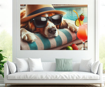 Dog Wall Art - Funny Dog Canvas with Hat and Glasses | Pool Wall Decor, Framed Canvas Print