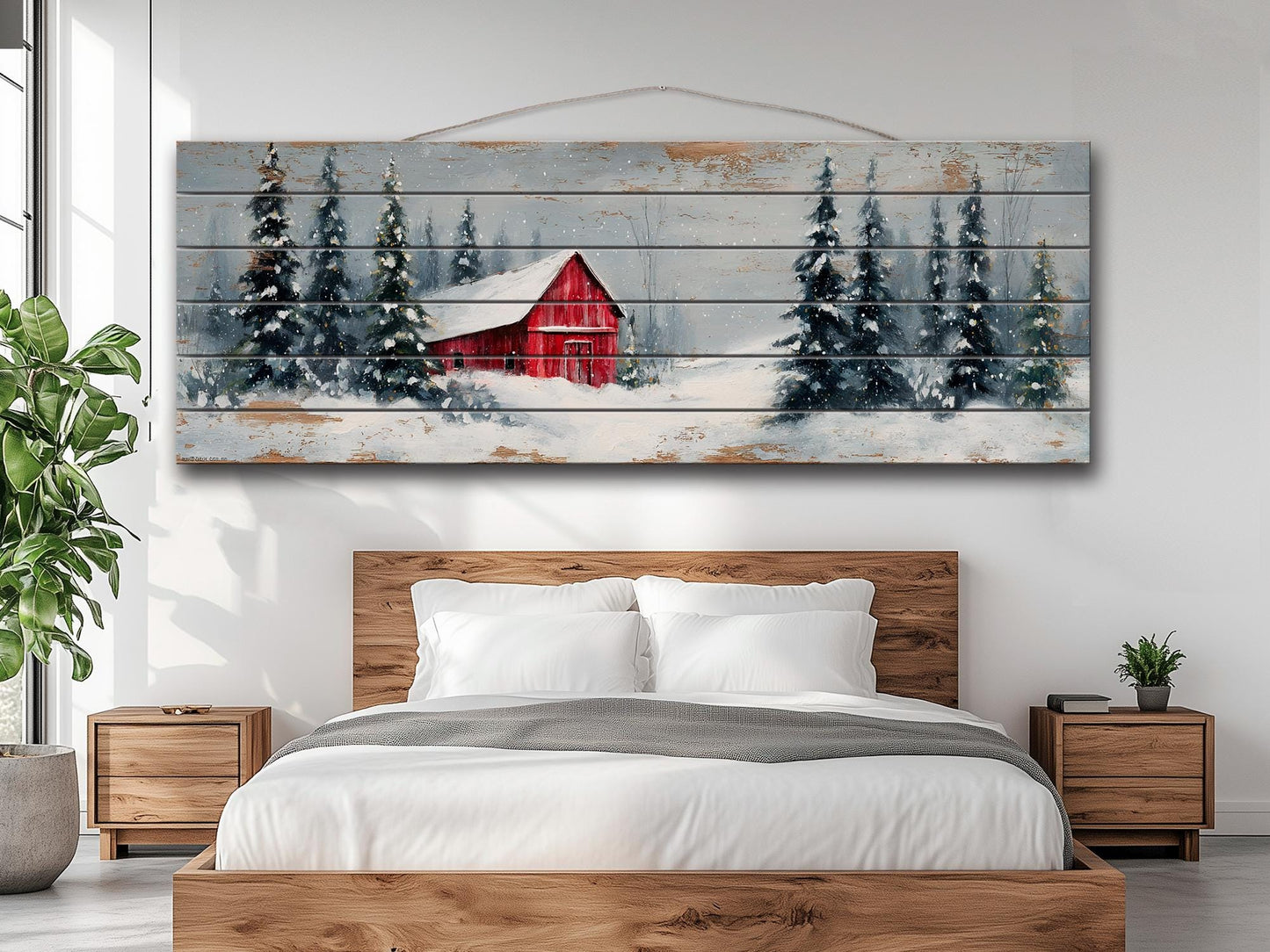 Peaceful Snowy Landscape with Red Barn and Pine Trees Print on Natural Wood, Rustic Cabin Wall Decor, Winter Forest Wall Art, Wood Wall Art