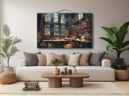 Wood Wall Art - Abstract Library Oil Painting | Natural Wood Print Decor