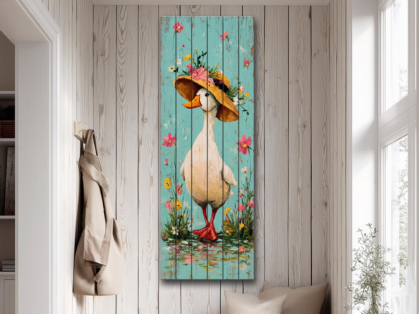 Rustic Wood Wall Art – Country Duck in Hat Printed on Wood – Rustic Spring Wall Art – Farmhouse Animal Decor