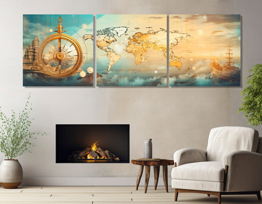 Travel Wall Art, Nautical Canvas Art, Abstract World Map Painting Canvas Print, Sailing Wall Art, Sailor Gift, Framed and Ready to Hang