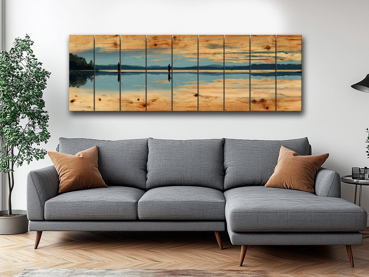Fly Fishing Lake Print – Rustic Wood Wall Art, Panoramic Cabin Decor