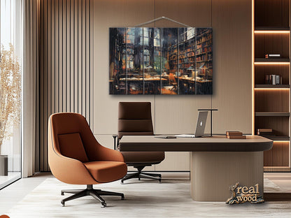 Wood Wall Art - Abstract Library Oil Painting | Natural Wood Print Decor