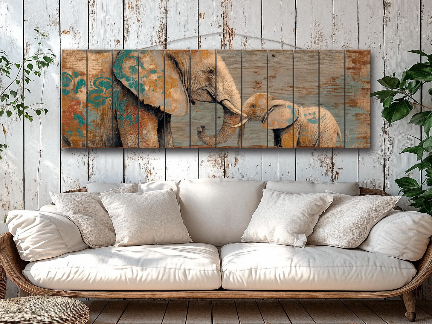 Loving Mother Elephant with Calf on Rustic Wooden Slats, Elephants Wall Art, Elephants Painting, Elephants Print on Wood, Wood Wall Art