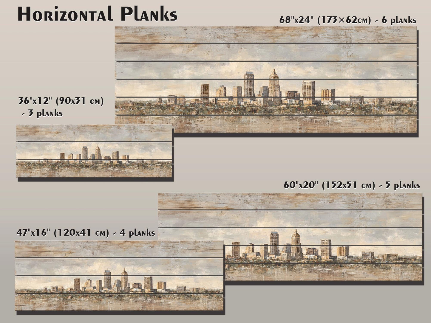 Indianapolis Skyline Wood Print – Rustic Wood Art | Beige Sunlight Painting