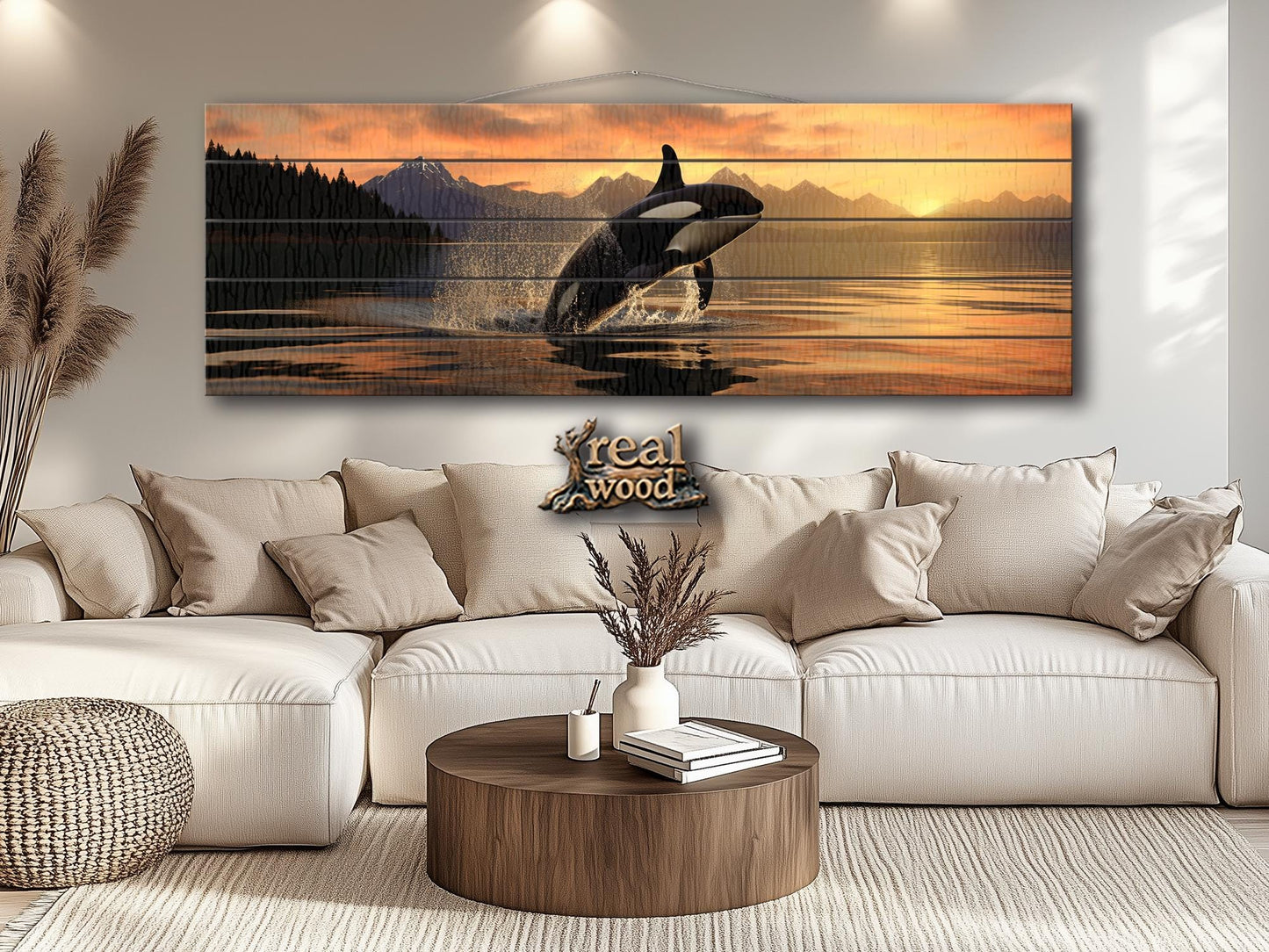 Orca Wall Art – Large Abstract Orca Jump Painting | Natural Wood Print Decor