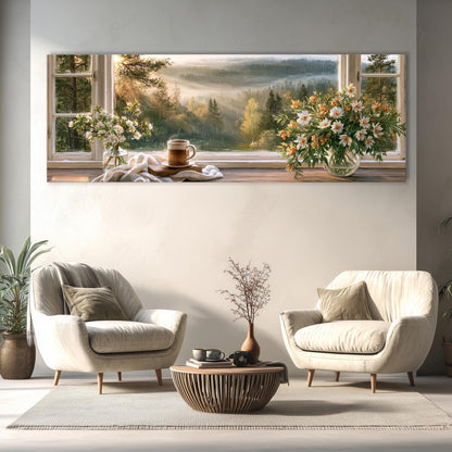 a serene living room with a large window overlooking a picturesque landscape. The room is furnished with two white armchairs and a wooden coffee table, creating a cozy and inviting atmosphere. A vase of flowers and a mug are placed on the coffee table, adding a touch of nature and warmth to the space. The overall scene conveys a sense of tranquility and relaxation, with the natural elements complementing the comfortable furnishings.