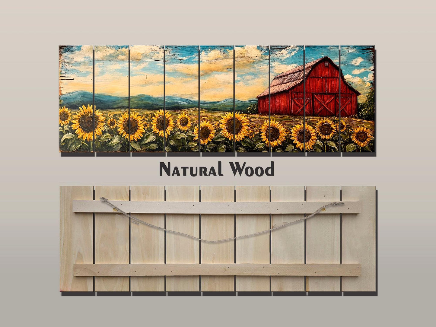 Rustic Wooden Wall Art – Old Red Barn on Sunflowers Field Print, Natural Wood Decor